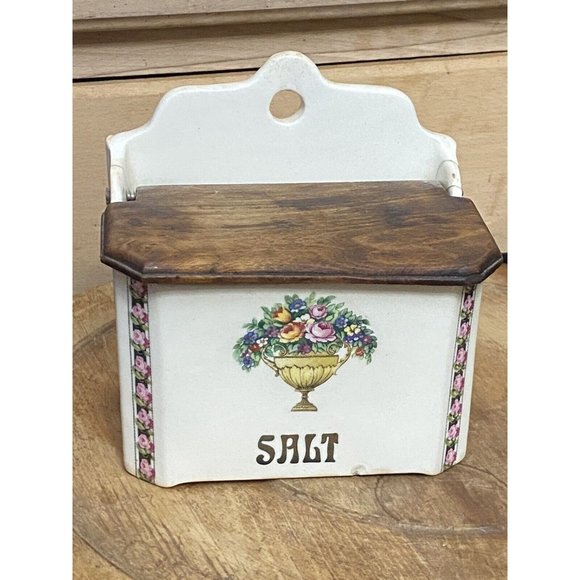 Ditmar Urbach Floral White Porcelain Salt Box Czechoslovakia Wood Lid - Picture 1 of 12